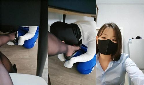 Beilin | Under the table perspective kneeling licking black silk feet feeding yogurt stinky feet covering face