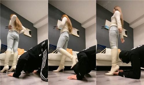 魅儿 | 高跟长靴踩虐 物化人体擦鞋器 粉棉袜窒息