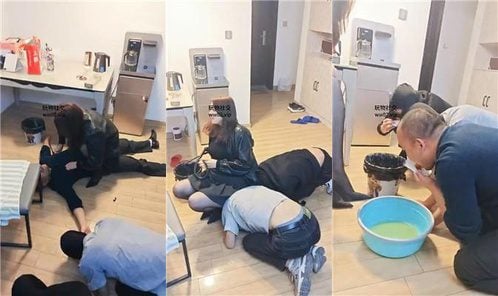 蘭州蘇蘇 |大きな聖水桶を舐める、汚れた靴を舐める、黒ストッキング、強制鞭打ち、踏みつけ、股間蹴り、二重視点