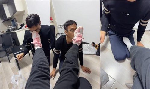 エースピンクの靴と白い靴下を舐めて匂いを嗅ぐ、靴と足の匂いを嗅がせる、餌を与える、犬に乗る、しゃがむ、馬の奴隷として飼いならす