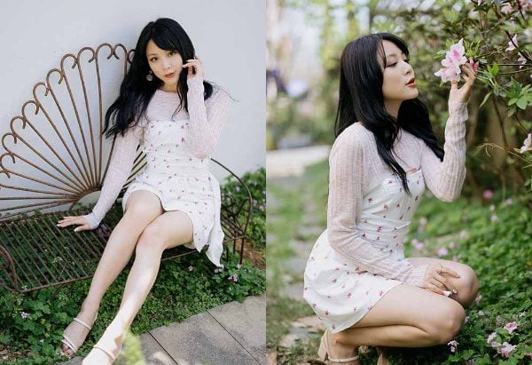 Street shot silk feet | 495 long-legged beauty model Ashley Sanzhi floral dress
