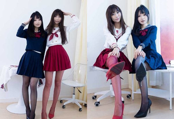 Wulian Media | Bubble Dudu two pairs of high heels shiny thin red silk shiny thin black silk JK uniform with video with video