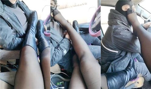 Teacher Li | Adjusting long boots and black stockings to play with the driver in the car