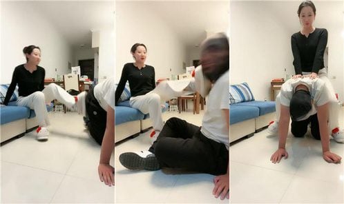鍋蓋｜犬に乗ってスリッパで踏みつける