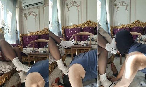 Strawberry | Super stinky original white socks and black silk feet covering face and stepping on